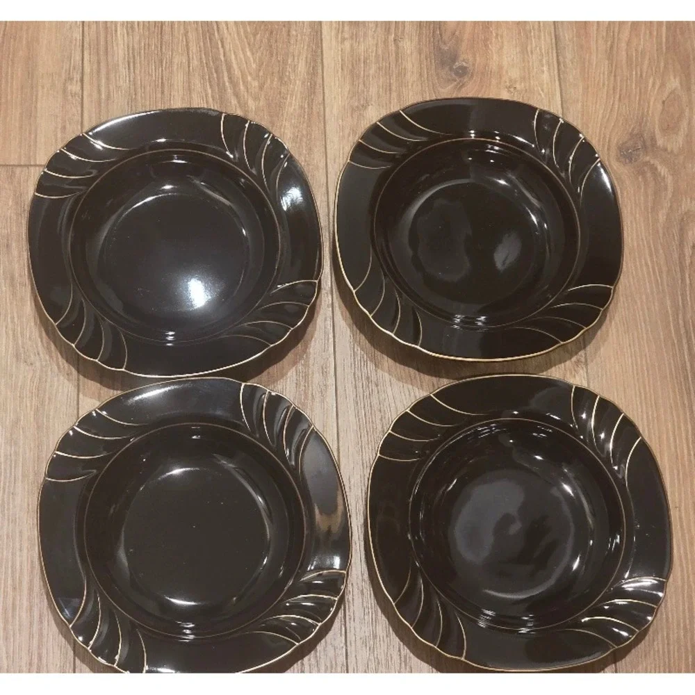 Vtg Ranmaru Wave Golden Black‎ Soup Bowls Set of 4 Gallery Collections Japan